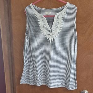 Max Studio Navy and White Striped Tank with Crochet Neckline